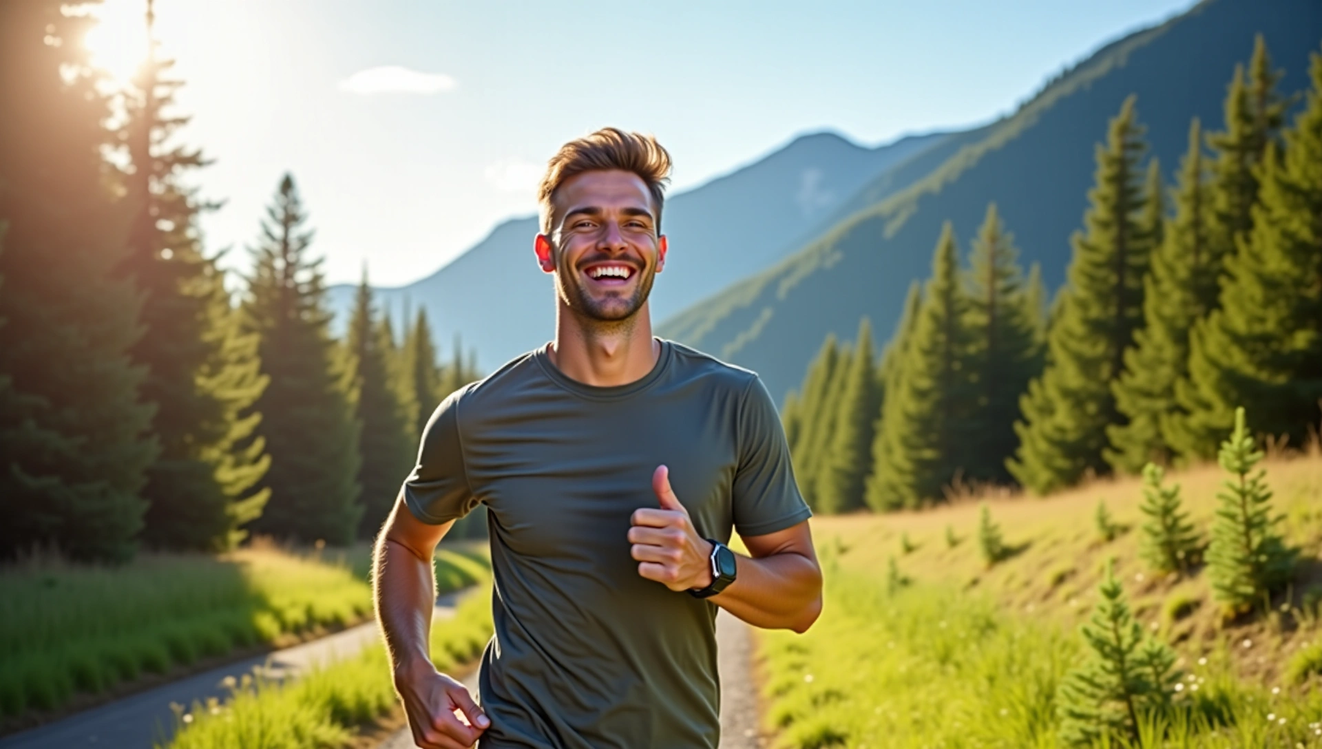 Hombre enérgico disfrutando de la naturaleza, simbolizando vitalidad y salud